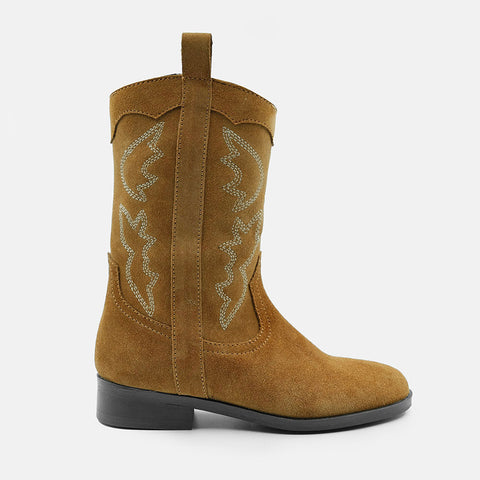 PENNY LEATHER COWBOY CALF BOOTS IN TAN SUEDE