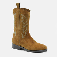 PENNY LEATHER COWBOY CALF BOOTS IN TAN SUEDE