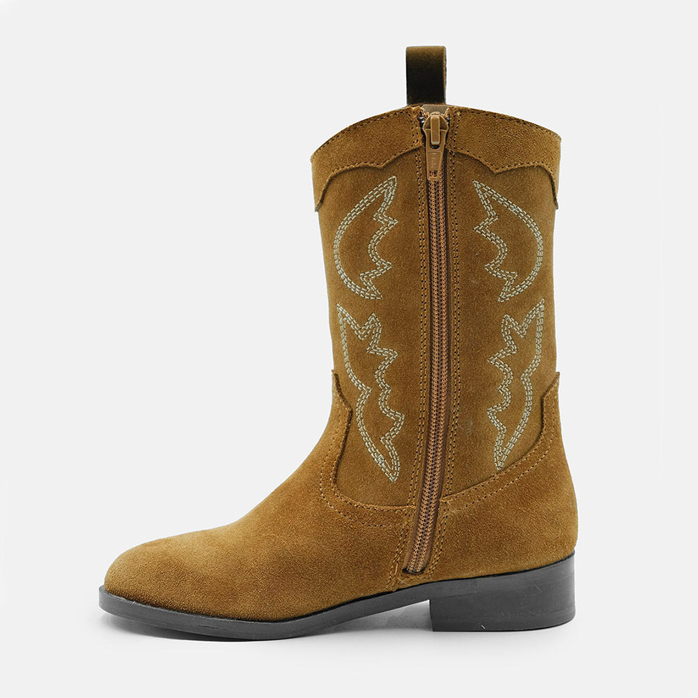 PENNY LEATHER COWBOY CALF BOOTS IN TAN SUEDE