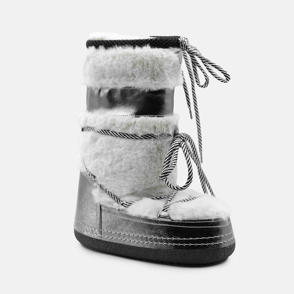 LEANNE CHUNKY LACE LEATHER SNOW BOOTS IN CHROME BLACK