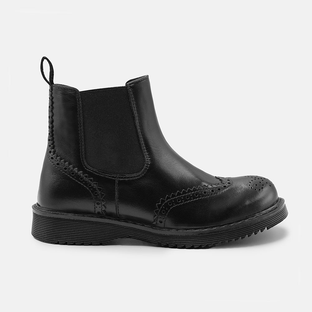 CHRISIE BROGUE LEATHER ANKLE CHELSEA BOOTS IN BLACK