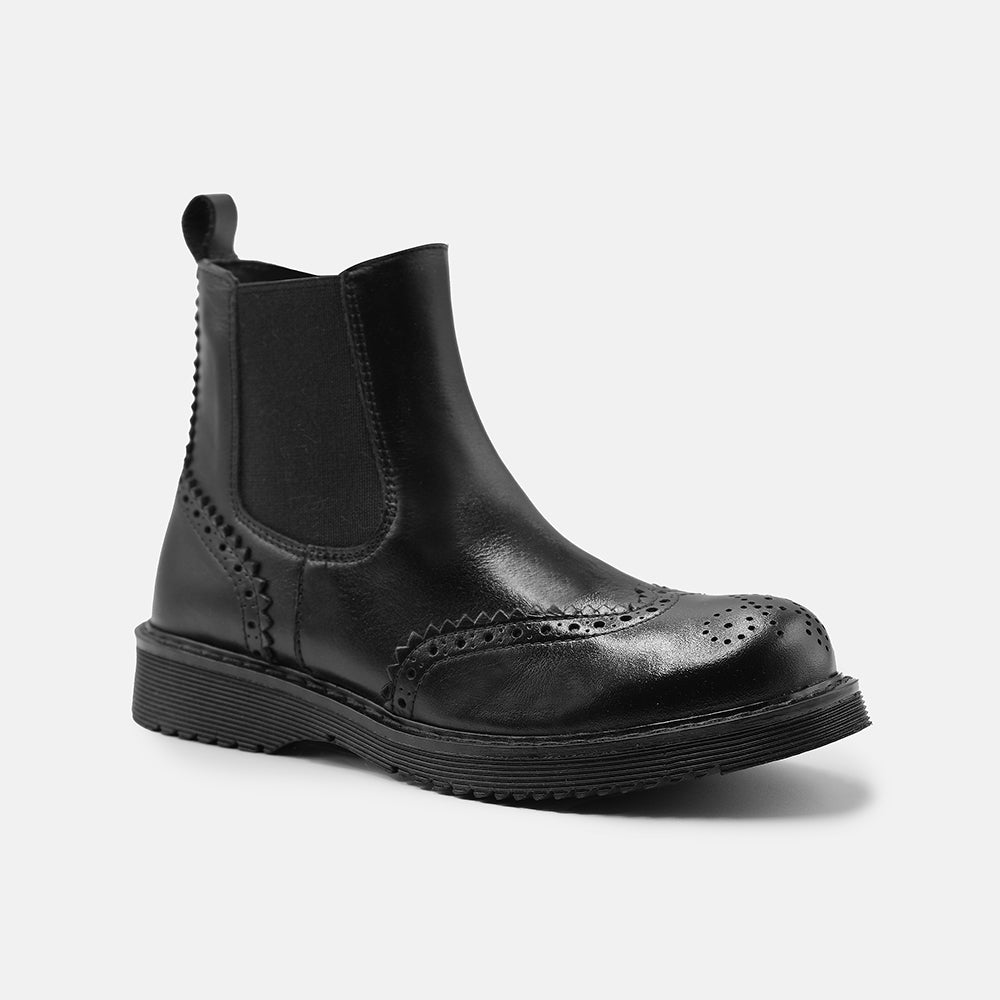 CHRISIE BROGUE LEATHER ANKLE CHELSEA BOOTS IN BLACK