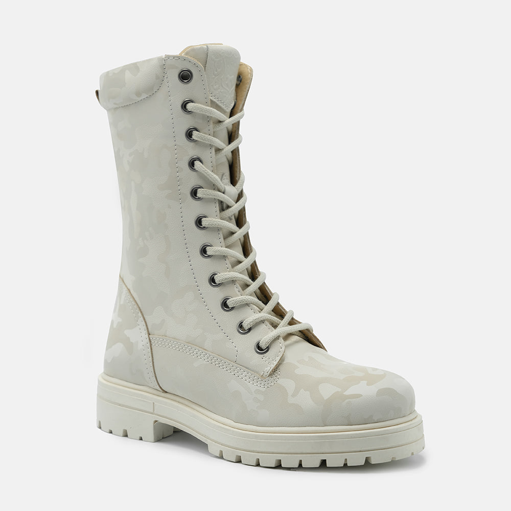 MADELYN LACE UP LEATHER CALF BOOTS IN CAMO CREAM