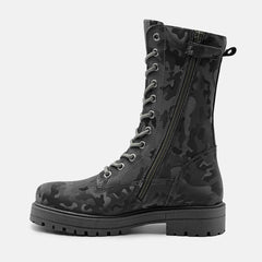 MADELYN LACE UP LEATHER CALF BOOTS IN CAMO BLACK