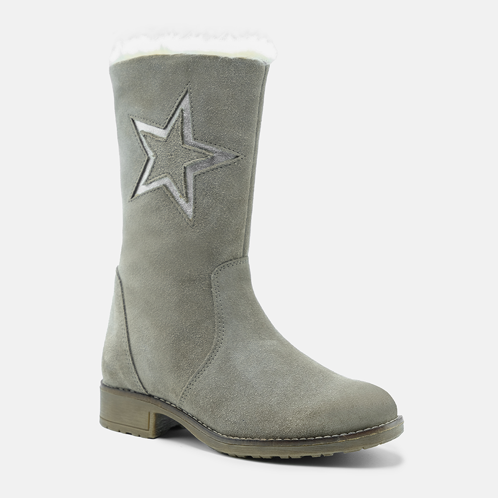 CLAIRE LEATHER CALF BOOTS IN LIGHT GREY SUEDE