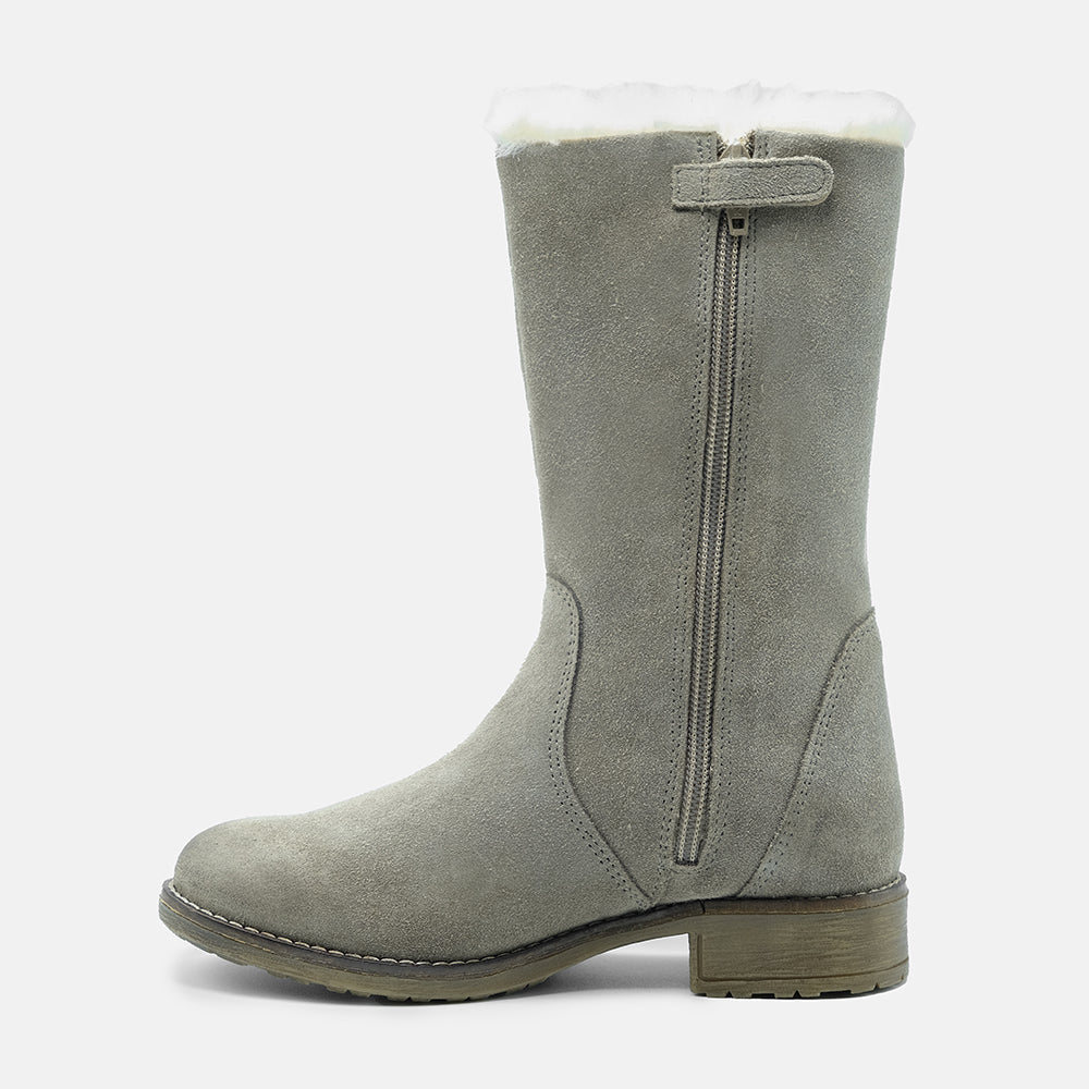 CLAIRE LEATHER CALF BOOTS IN LIGHT GREY SUEDE