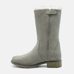 CLAIRE LEATHER CALF BOOTS IN LIGHT GREY SUEDE