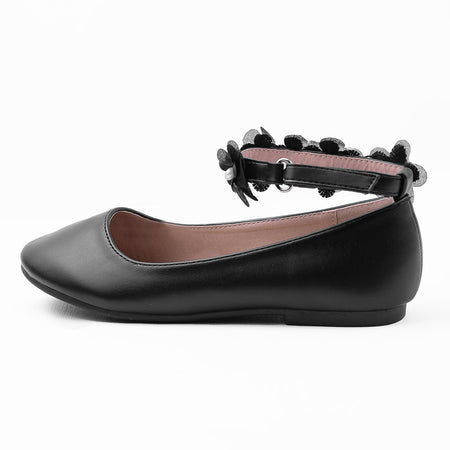 DAISY BALLERINA FLATS WITH FLORAL ANKLE STRAP IN BLACK