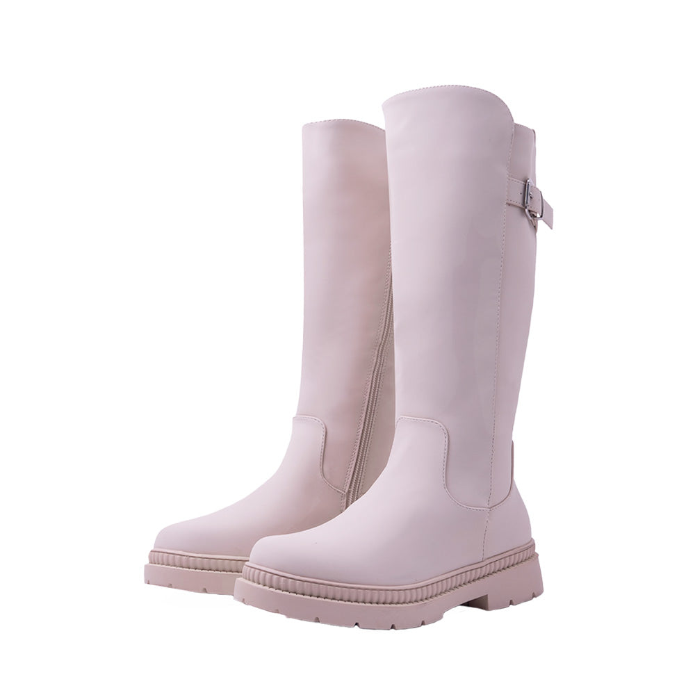 MINNIE CALF HIGH BOOTS WITH SIDE ZIP & REAR BUCKLE IN BEIGE