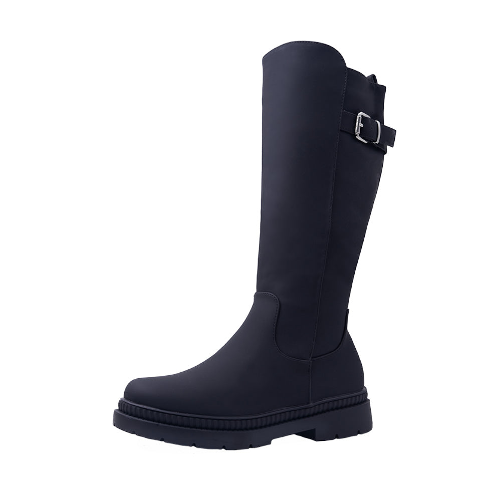 MINNIE CALF HIGH BOOTS WITH SIDE ZIP & REAR BUCKLE IN BLACK