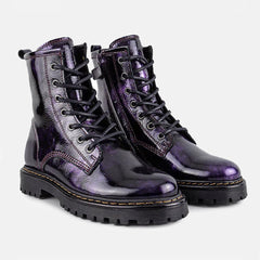 ROWENA LACE UP LEATHER ANKLE BOOTS IN BLACK VIOLET