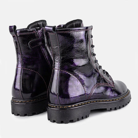 ROWENA LACE UP LEATHER ANKLE BOOTS IN BLACK VIOLET