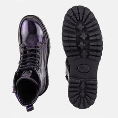 ROWENA LACE UP LEATHER ANKLE BOOTS IN BLACK VIOLET